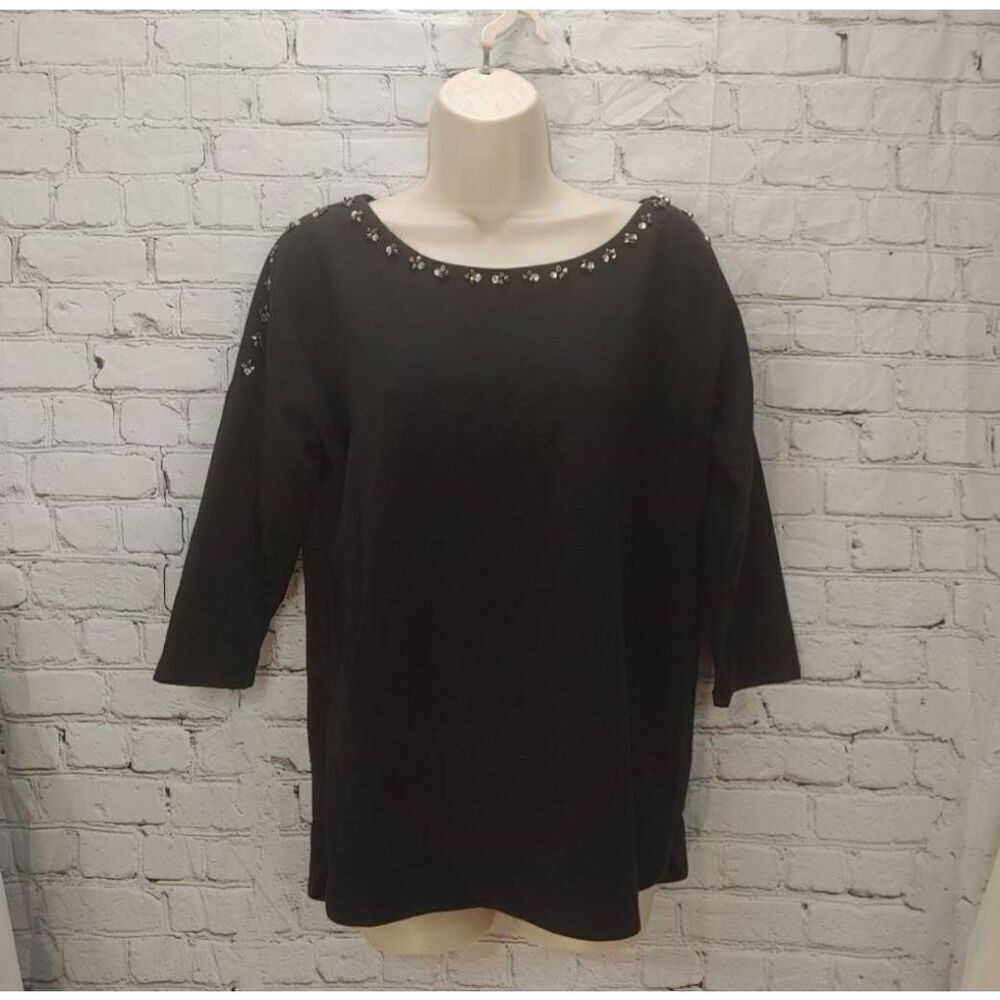 New York & Co Women's Size Medium Black Beaded Collar Blouse.